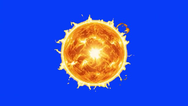 A vibrant retro 2D pixel art sun sprite featuring detailed shading and fiery solar prominences, isolated on a solid blue chroma key backdrop. Ideal for indie game video editing, retro motion graphics 