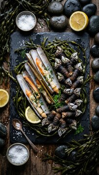 Fresh razor clams and goose barnacles on slate platter with seaweed and lemon garnish