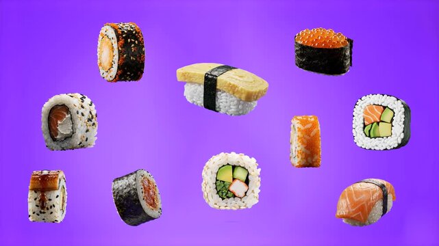 A detailed 3D model set of diverse Japanese sushi pieces including nigiri, maki rolls, and gunkan floating dynamically against a solid purple studio backdrop. Designed for food promotional campaigns, 