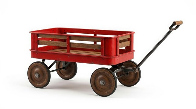 Small red wooden toy wagon for children with children transport childhood equipment isolated background outdoors activity traditional handcart carriage playtime