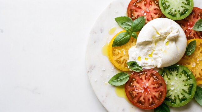 Heirloom Tomato and Burrata Salad: A vibrant medley of colorful heirloom tomato slices, fresh basil leaves, and creamy burrata cheese drizzled with olive oil on a white marble platter.