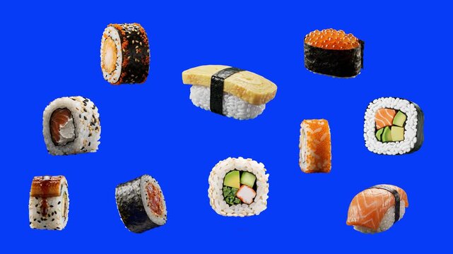 Various Japanese sushi rolls, maki, nigiri, and gunkan floating and spinning down on a bright blue chroma key background. Perfect for restaurant promos, Japanese food menus, food delivery ads, and cul