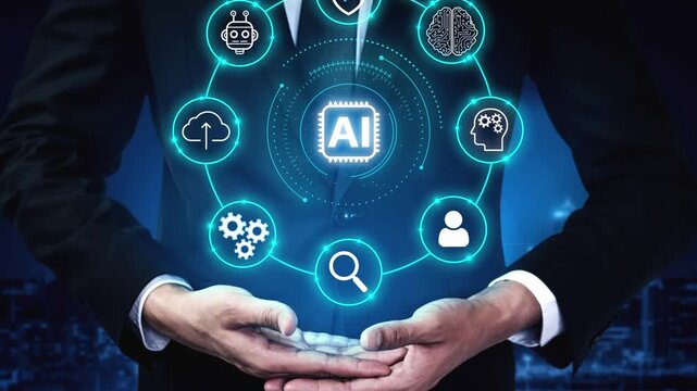 Hands holding digital icons representing artificial intelligence concepts and technology in a modern business environment at night. Entropy.