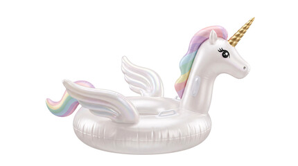 Inflatable white unicorn pool float with rainbow mane png isolated on transparent background © PNG Studio 99