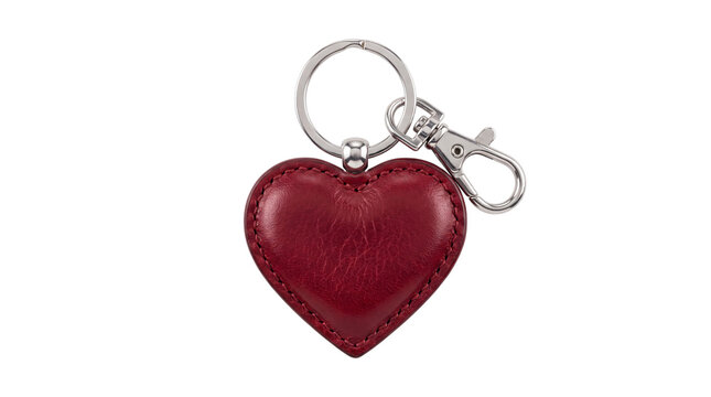 Red leather heart shaped keychain with silver clasp and png isolated on transparent background