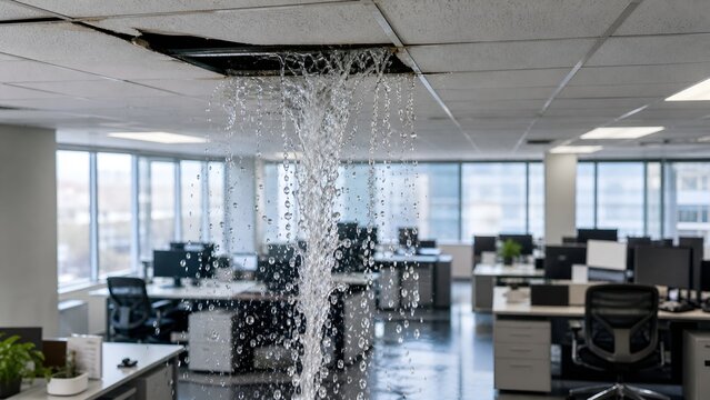 Office Ceiling Leak Causing Water Damage to Modern Workplace Environments and Equipment