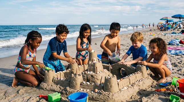 Diverse group of happy children building a large sandcastle together on a sunny beach with the ocean in the background dia das crian&ccedil;as