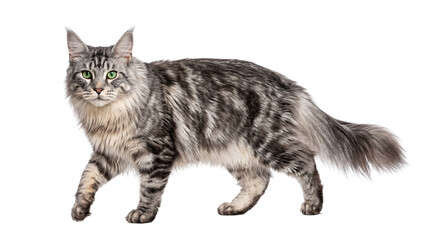 Silver maine coon cat walking with green eyes on png isolated on transparent background © PNG Studio 99