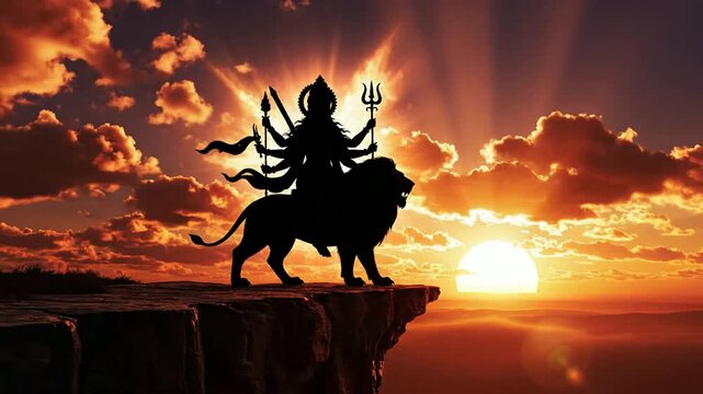 Silhouette of Hindu Goddess Durga Riding Lion on Cliff at Spectacular Sunrise with Dramatic Golden Clouds for Cultural Festival and Spiritual Backg...