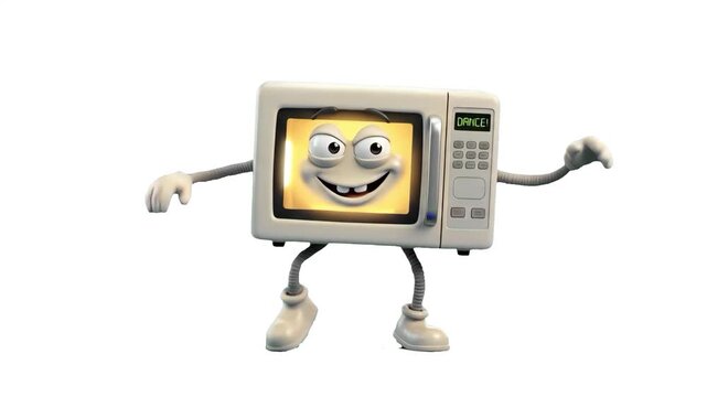 A cheerful 3D cartoon microwave mascot character with a smiling face on its window walking happily on a clean white background. Suitable for kitchen appliance ads, electronics promos, funny home produ