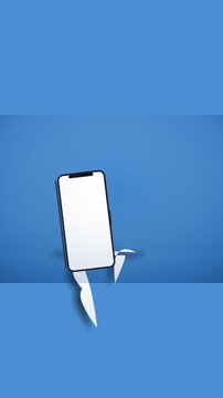 Minimalist smartphone character sitting on ledge with blank white screen mockup on blue background