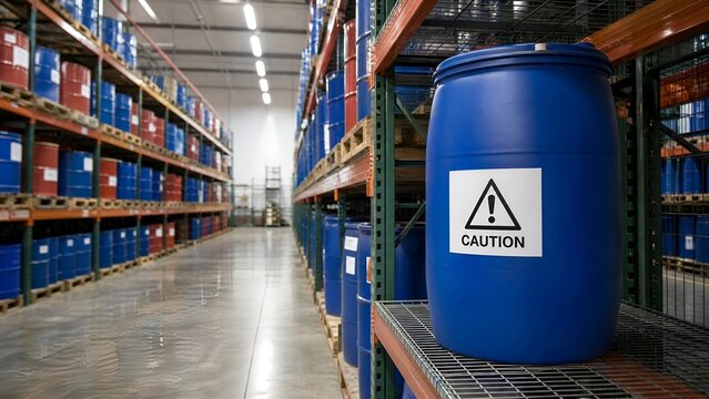 Blue Industrial Chemical Drum with Caution Label Stored on Warehouse Metal Shelving Unit