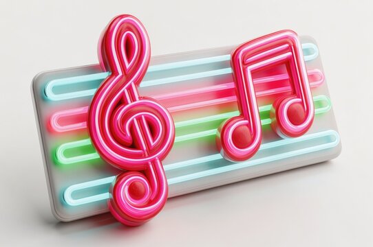 Music industry. Glowing neon treble clef and musical notes represent music, sound, entertainment, recording and creative audio production.