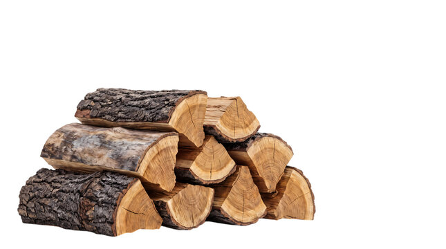 Stacked firewood logs with rough bark and split wood png isolated on transparent background