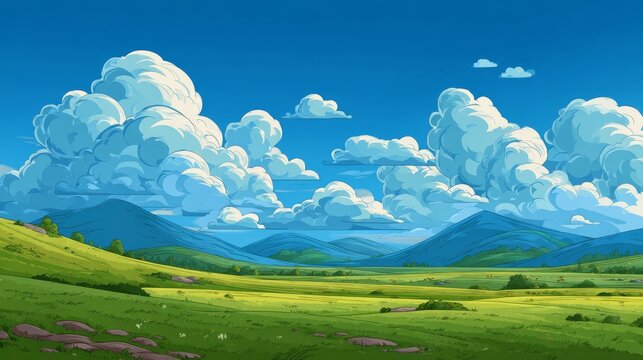 cartoon vector landscape with rolling green meadows, distant blue mountains, fluffy clouds drifting in a vivid blue sky