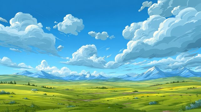 cartoon vector landscape with rolling green meadows, distant blue mountains, fluffy clouds drifting in a vivid blue sky