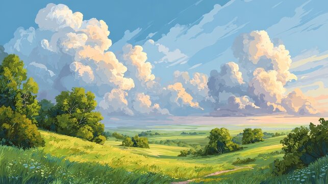 bright spring banner with green terrain stretching to the horizon, puffy white clouds and warm sunrays radiating from corner