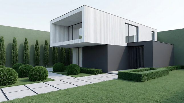 Modern minimalist two-story house exterior with clean white and dark gray facade and landscaped garden