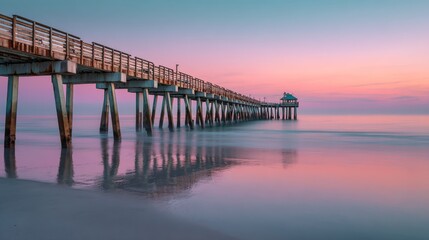 Obraz premium tranquil ocean scene with pastel sunrise colors, pier vanishing into distant horizon, water like smooth mirror, soft warm glow