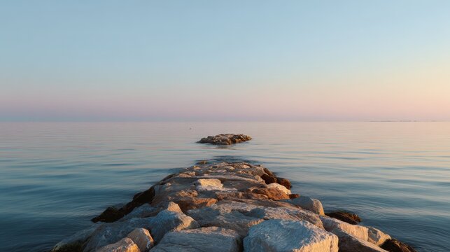 minimal seascape with horizon line barely visible, golden hour lighting, jetty silhouette leading viewer into peaceful composition