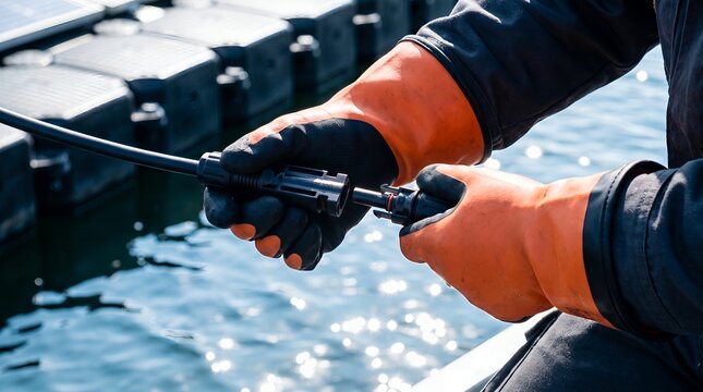Close Up of Electrical Technician Assembling Waterproof Solar Connectors on Floating Pontoon