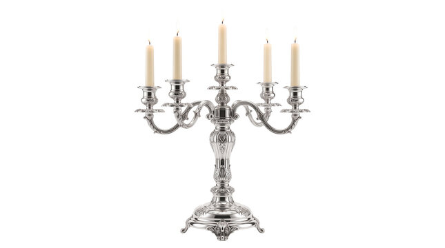 Vintage silver candelabra with five lit candles. Antique metallic candelabrum for elegant table decor. Ornate silver candle holder on white background.