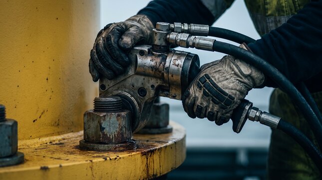 Close Up of Technician Using Hydraulic Torque Wrench on Offshore Wind Turbine Foundation Bolts