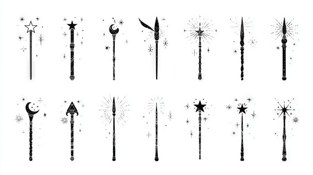 vector icon set of various magic wands with sparkles and starbursts, clean flat style, isolated on white background