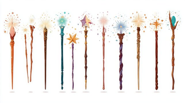 vector icon set of various magic wands with sparkles and starbursts, clean flat style, isolated on white background