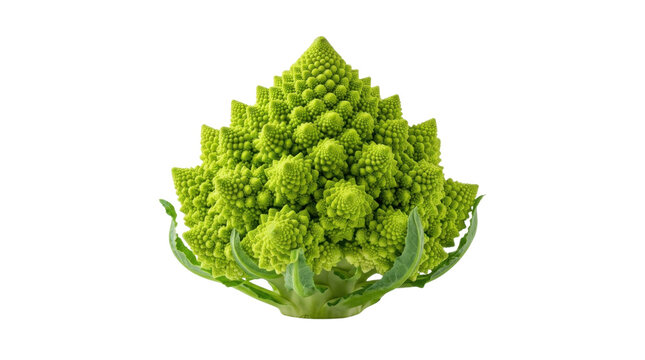 Romanesco broccoli head on white background, fresh green fractal cauliflower, organic raw vegetable for healthy cooking