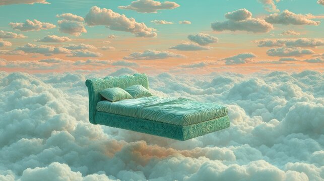 contemporary bed hovering in a serene sky full of fluffy clouds, teal fabric with delicate texture, peaceful surreal dreamscape