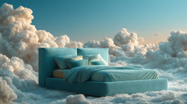contemporary bed hovering in a serene sky full of fluffy clouds, teal fabric with delicate texture, peaceful surreal dreamscape