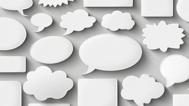 empty white graphic bubbles including cloud, oval, rectangle, jagged, designed for dialogue and thoughts in layout design