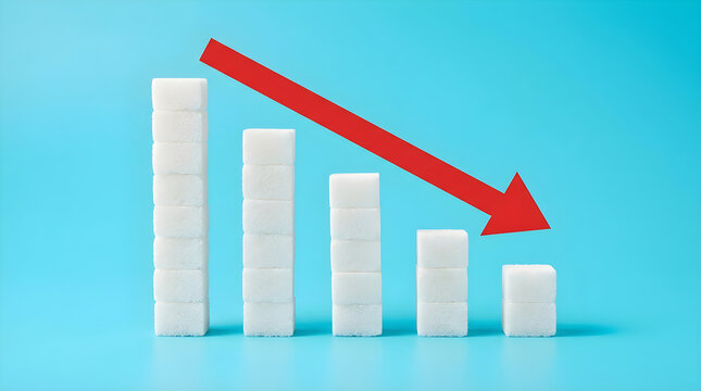 Sugar cubes arranged in a descending bar chart graph with a red downward arrow on a blue background