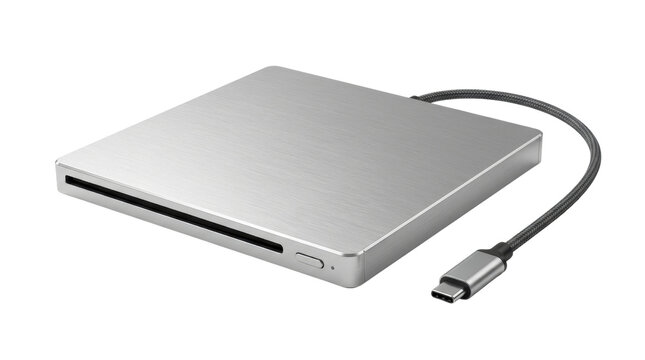 External silver DVD drive with USB-C cable, portable aluminum optical disc reader, modern computer peripheral for data storage