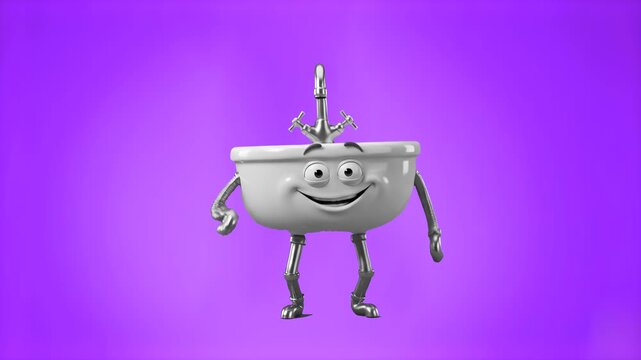 A cartoon bathroom sink mascot with eyes, arms, and a faucet dances merrily against a solid purple backdrop. Ideal for plumbing commercials, hygiene campaigns, and home repair motion graphics.
