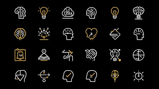 minimal style creative thinking icons, emphasizing innovation, strategy planning, mind mapping, and smart education visuals