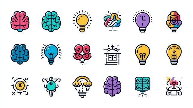 minimal style creative thinking icons, emphasizing innovation, strategy planning, mind mapping, and smart education visuals