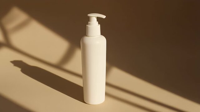 A white pump bottle casting shadows on a beige background, illuminated by natural light.