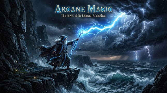 Arcane Magic Sorcerer in Stormy Ocean Fantasy Poster