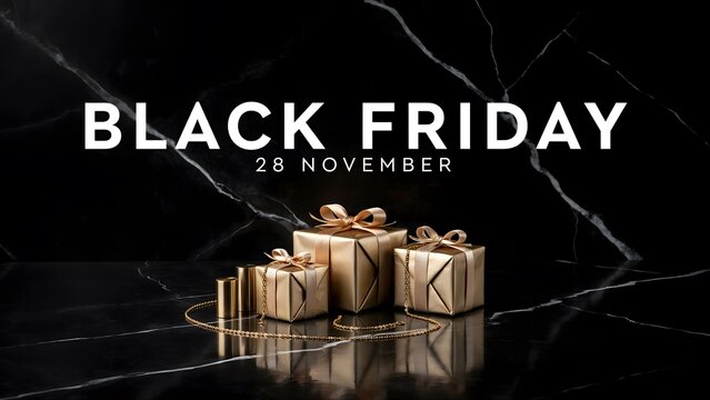 Black friday sale banner with golden gift boxes on black marble background luxury holiday shopping concept with elegant presents and gold chain