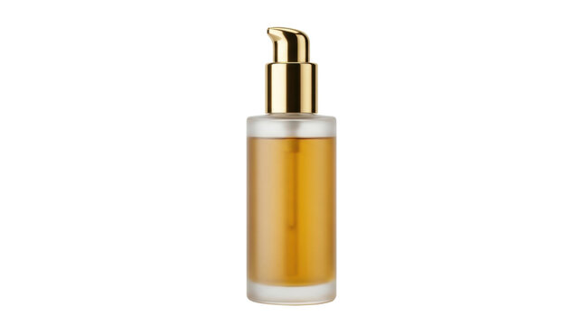 Luxury cosmetic oil bottle with gold pump, frosted glass serum container, premium skincare product mockup on white background