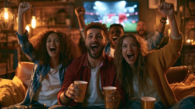 Three friends cheer ecstatically at a glowing TV broadcast, hands raised, cups in hand, warm ambient lighting.