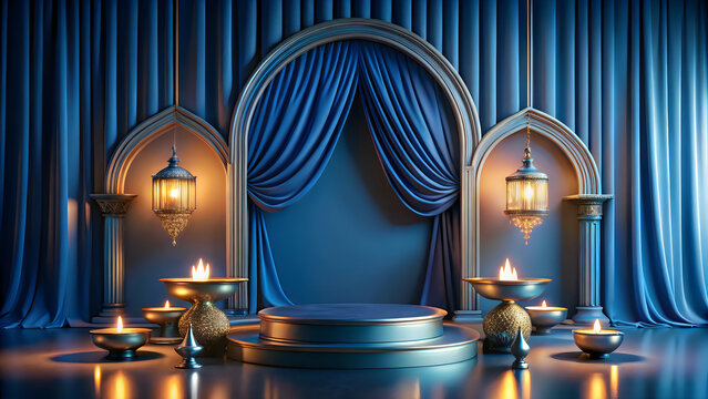 Elegant blue stage background with traditional lanterns and candles for durga puja festival celebration and cultural event display