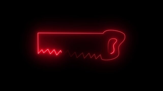 Red neon hand saw icon on a black background