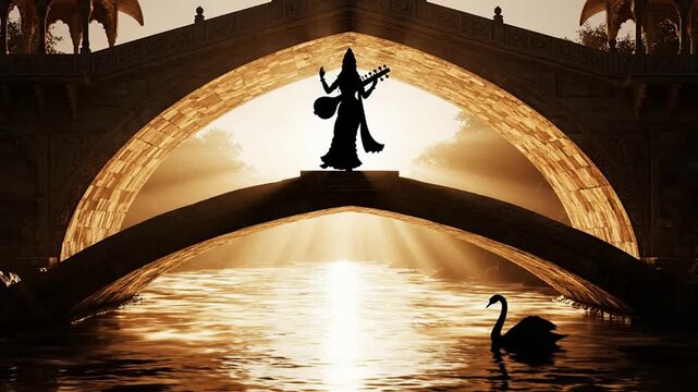 Silhouette of Hindu Goddess Saraswati Statue on Traditional Bridge at Sunset with Water Reflection and Swan