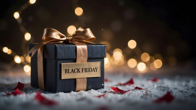 Black friday gift box with gold ribbon on snow with bokeh lights background
