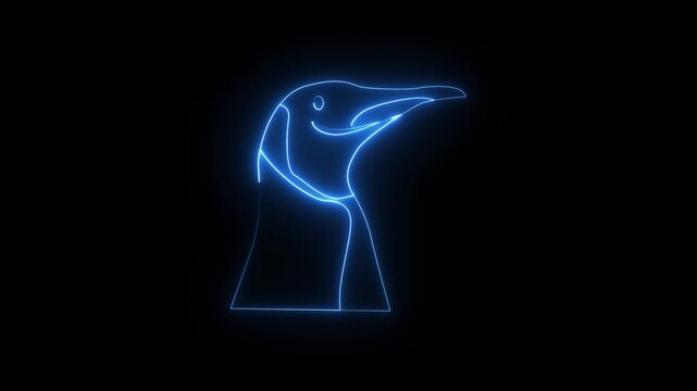 Glowing blue neon outline of a penguin head on black