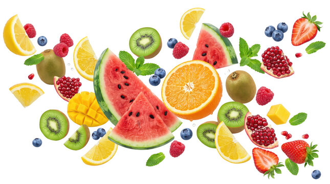 Fresh assorted tropical fruits falling in the air