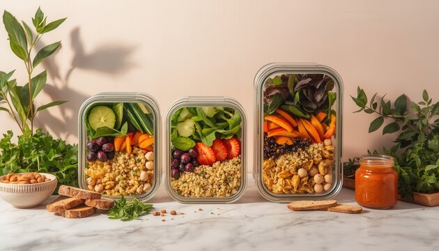 Healthy Meal Prep Containers: Three glass meal prep containers filled with vibrant, nutritious ingredients - grains, vegetables, fruits, and legumes - ready for a week of healthy eating.